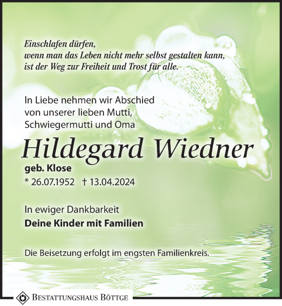 Traueranzeige von Hildegard Wiedner von Torgauer Zeitung