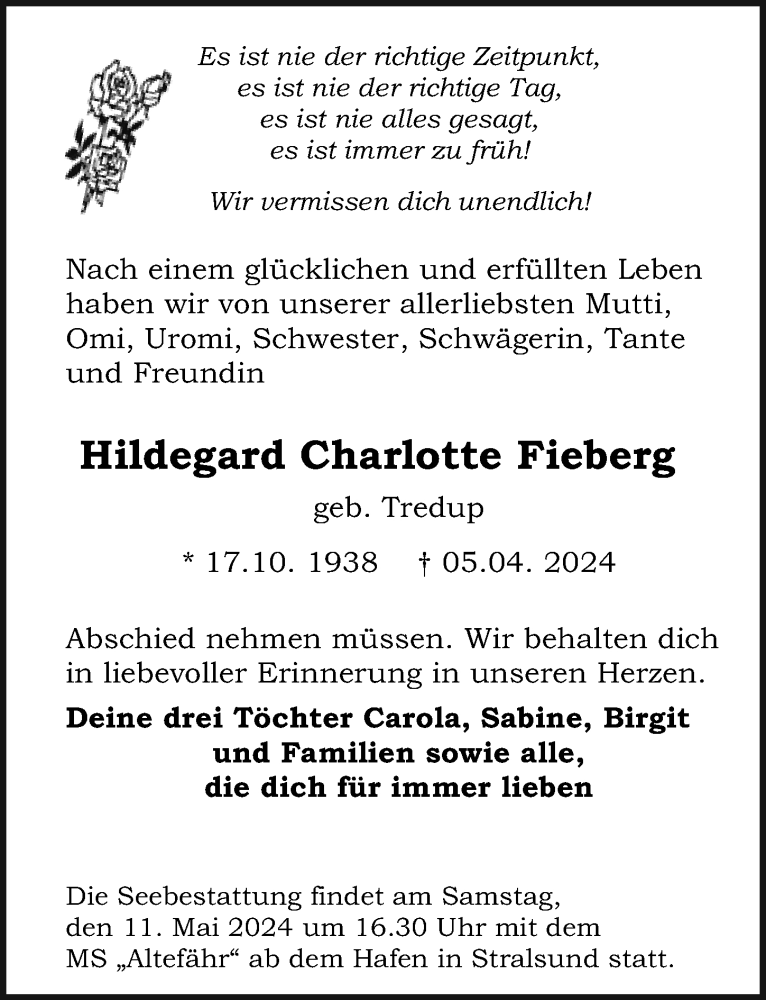  Traueranzeige für Hildegard Charlotte Fieberg vom 13.04.2024 aus Ostsee-Zeitung GmbH