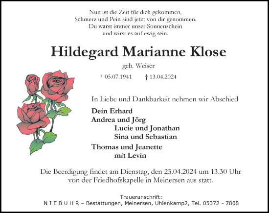 Traueranzeige von Hildegard Marianne Klose von Aller Zeitung