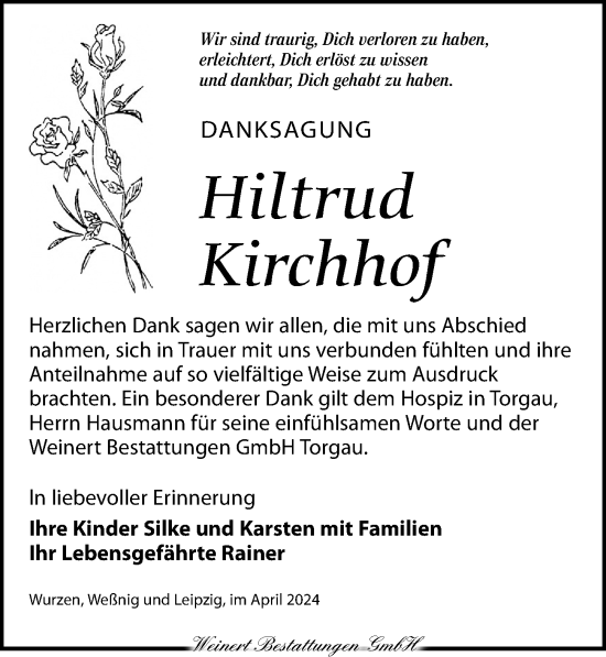 Traueranzeige von Hiltrud Kirchhof von Torgauer Zeitung