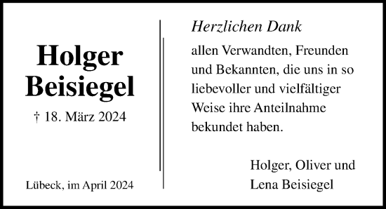 Traueranzeige von Holger Beisiegel von Lübecker Nachrichten