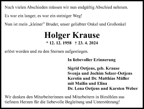 Traueranzeige von Holger Krause von Kieler Nachrichten