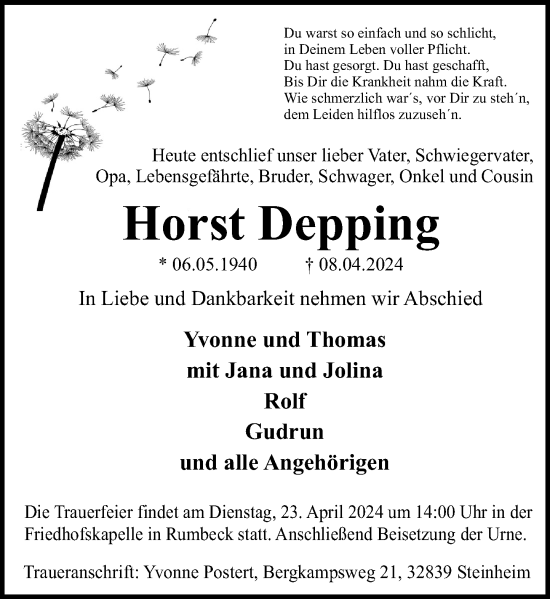 Traueranzeige von Horst Depping von Schaumburger Zeitung/ Landes-Zeitung