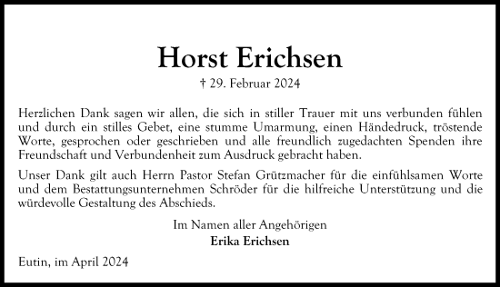 Traueranzeige von Horst Erichsen von Lübecker Nachrichten
