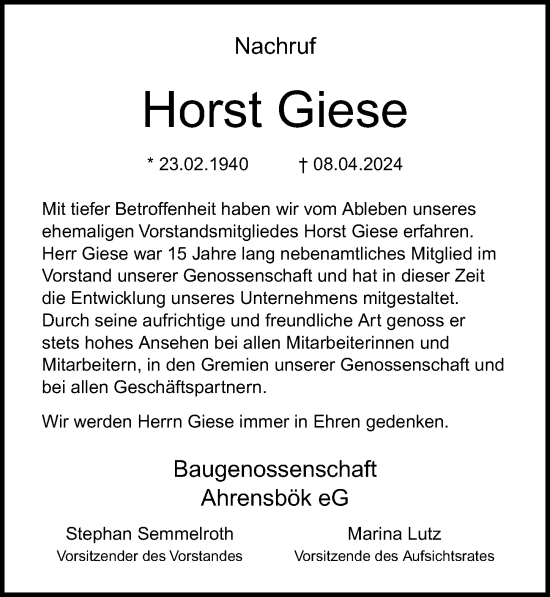 Traueranzeige von Horst Giese von Lübecker Nachrichten