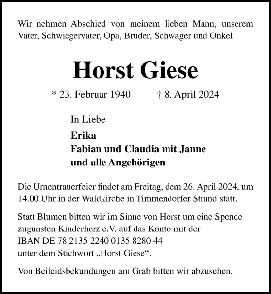 Traueranzeige von Horst Giese von Lübecker Nachrichten