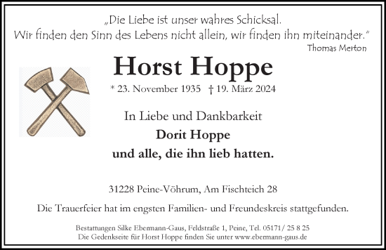 Traueranzeige von Horst Hoppe von Peiner Allgemeine Zeitung