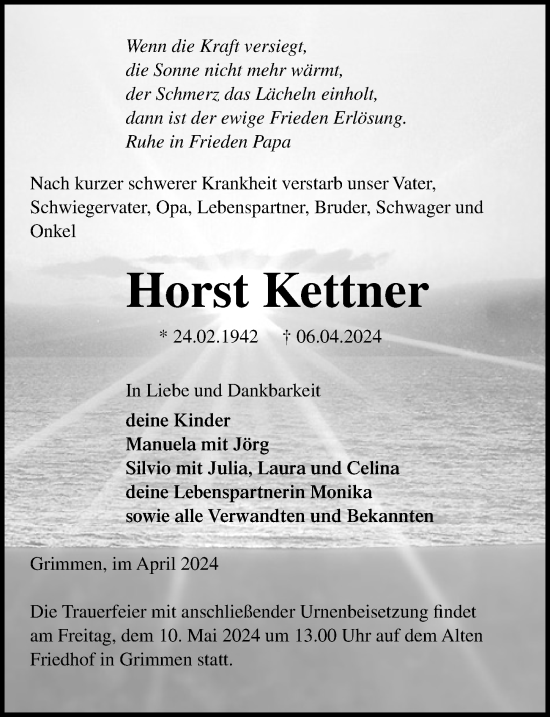 Traueranzeige von Horst Kettner von Ostsee-Zeitung GmbH