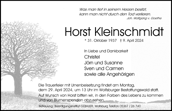 Traueranzeige von Horst Kleinschmidt von Aller Zeitung