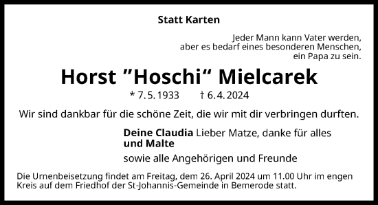 Traueranzeige von Horst Mielcarek von Hannoversche Allgemeine Zeitung/Neue Presse