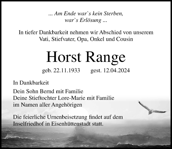 Traueranzeige von Horst Range von Ostsee-Zeitung GmbH