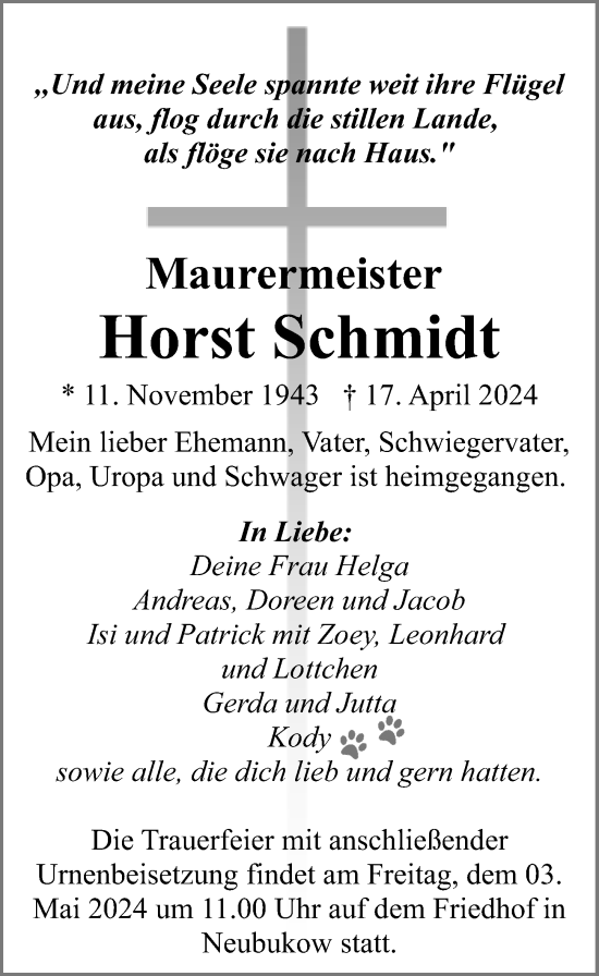 Traueranzeige von Horst Schmidt von Ostsee-Zeitung GmbH