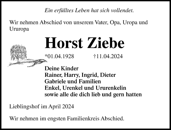 Traueranzeige von Horst Ziebe von Ostsee-Zeitung GmbH