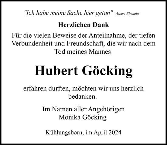Traueranzeige von Hubert Göcking von Ostsee-Zeitung GmbH