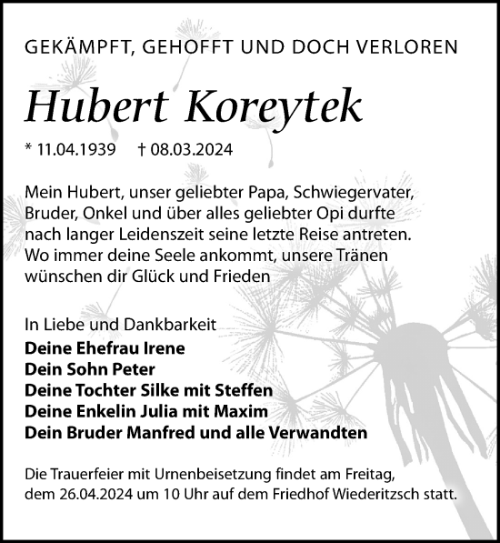 Traueranzeige von Hubert Koreytek von Leipziger Volkszeitung
