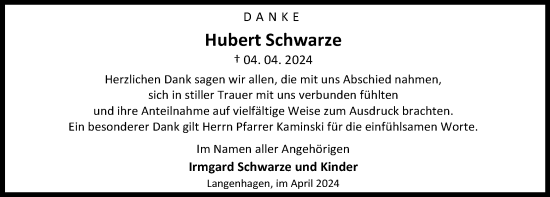 Traueranzeige von Hubert Schwarze von Eichsfelder Tageblatt