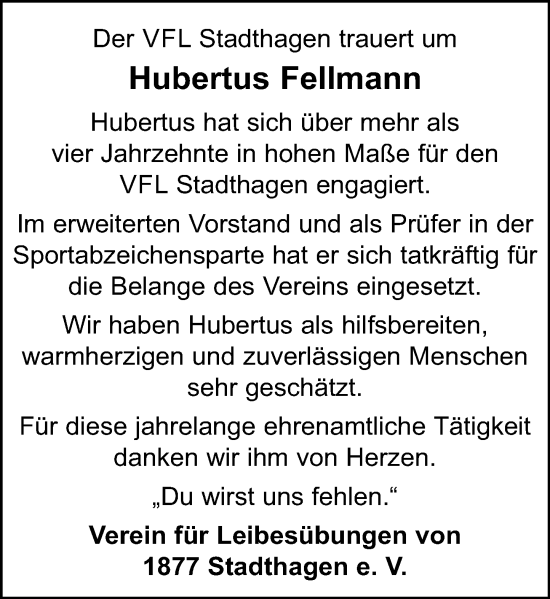 Traueranzeige von Hubertus Fellmann von Schaumburger Nachrichten