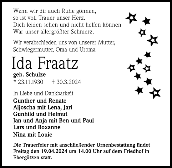 Traueranzeige von Ida Fraatz von Göttinger Tageblatt