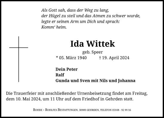 Traueranzeige von Ida Wittek von Hannoversche Allgemeine Zeitung/Neue Presse
