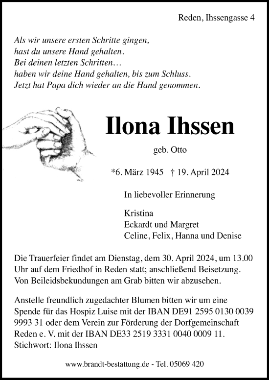 Traueranzeige von Ilona Ihssen von Hannoversche Allgemeine Zeitung/Neue Presse