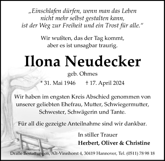 Traueranzeige von Ilona Neudecker von Hannoversche Allgemeine Zeitung/Neue Presse