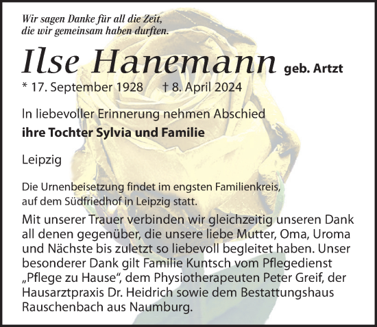 Traueranzeige von Ilse Hanemann von Leipziger Volkszeitung