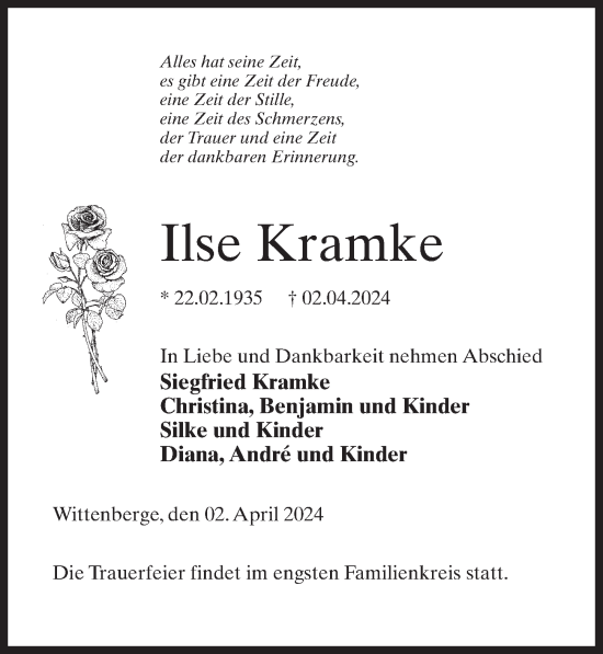 Traueranzeige von Ilse Kramke von Wochenspiegel