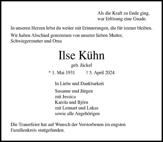 Traueranzeige von Ilse Kühn von Lübecker Nachrichten