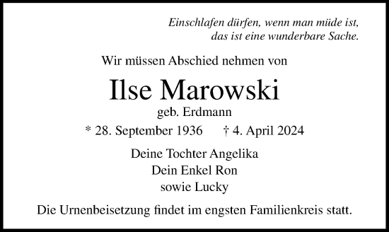 Traueranzeige von Ilse Marowski von Lübecker Nachrichten
