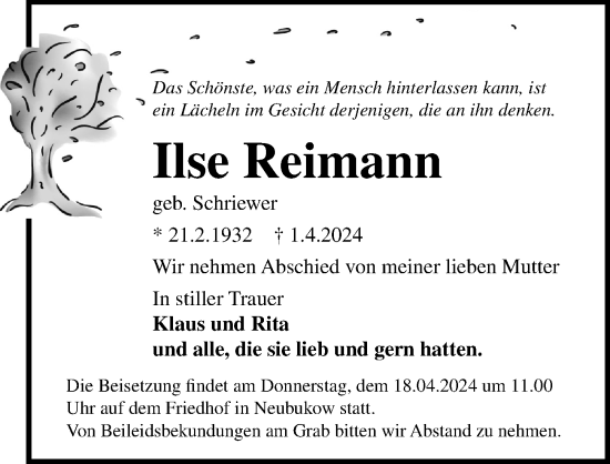 Traueranzeige von Ilse Reimann von Ostsee-Zeitung GmbH