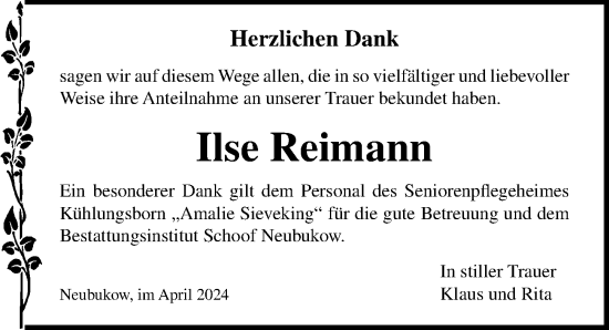 Traueranzeige von Ilse Reimann von Ostsee-Zeitung GmbH