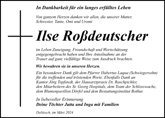 Traueranzeige von Ilse Roßdeutscher von Leipziger Volkszeitung