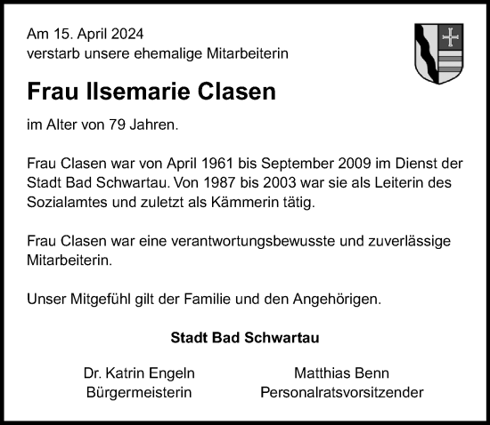 Traueranzeige von Ilsemarie Clasen von Lübecker Nachrichten