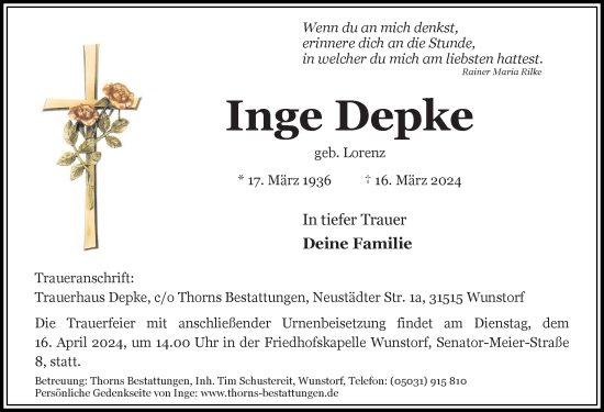 Traueranzeige von Inge Depke von Hannoversche Allgemeine Zeitung/Neue Presse