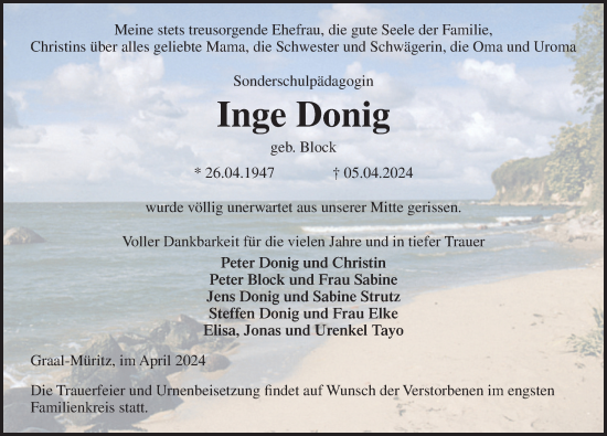 Traueranzeige von Inge Donig von Ostsee-Zeitung GmbH