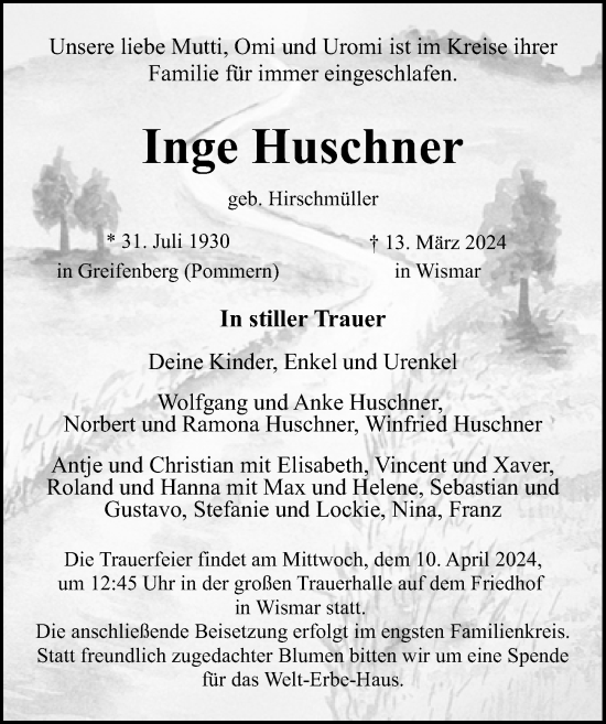 Traueranzeige von Inge Huschner von Ostsee-Zeitung GmbH