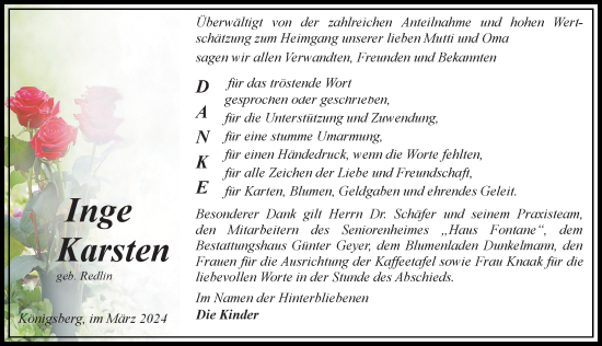 Traueranzeige von Inge Karsten von Wochenspiegel