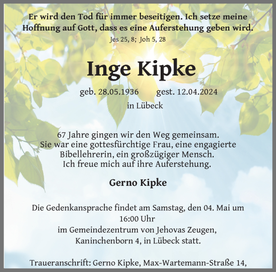 Traueranzeige von Inge Kipke von Lübecker Nachrichten