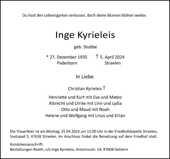 Traueranzeige von Inge Kyrieleis von Hannoversche Allgemeine Zeitung/Neue Presse