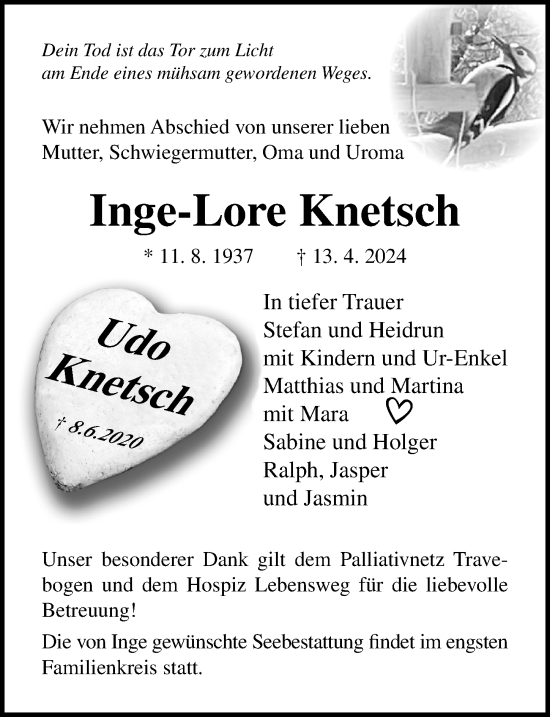 Traueranzeige von Inge-Lore Knetsch von Lübecker Nachrichten