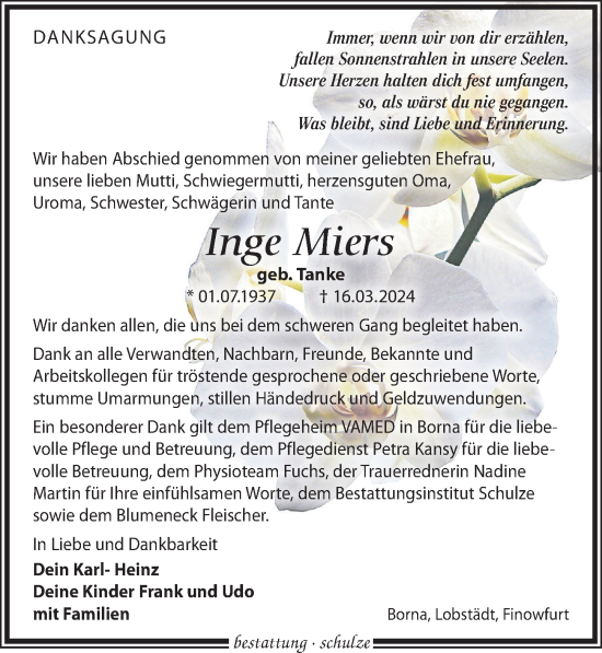 Traueranzeige von Inge Miers von Leipziger Volkszeitung