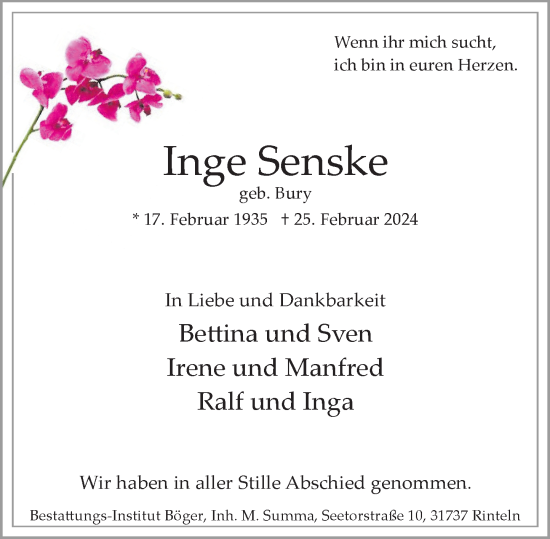 Traueranzeige von Inge Senske von Schaumburger Nachrichten und Schaumburger Zeitung/ Landes-Zeitung