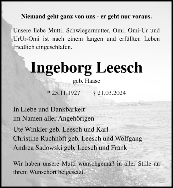 Traueranzeige von Ingeborg Leesch von Ostsee-Zeitung GmbH