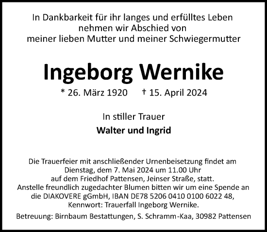 Traueranzeige von Ingeborg Wernike von Hannoversche Allgemeine Zeitung/Neue Presse