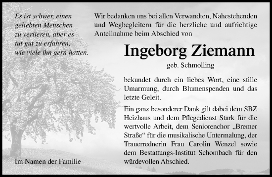 Traueranzeige von Ingeborg Ziemann von Ostsee-Zeitung GmbH