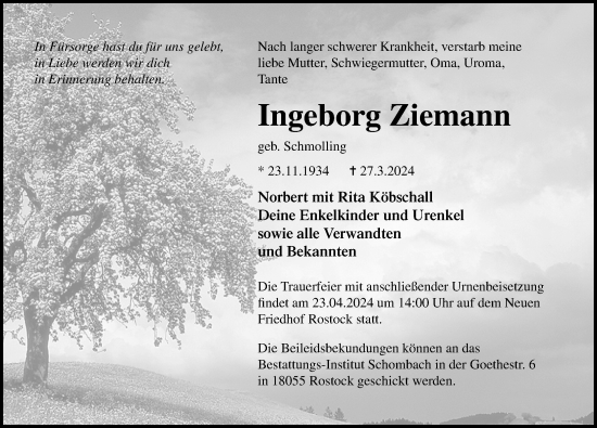 Traueranzeige von Ingeborg Ziemann von Ostsee-Zeitung GmbH