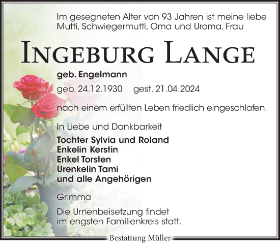 Traueranzeige von Ingeburg Lange von Leipziger Volkszeitung