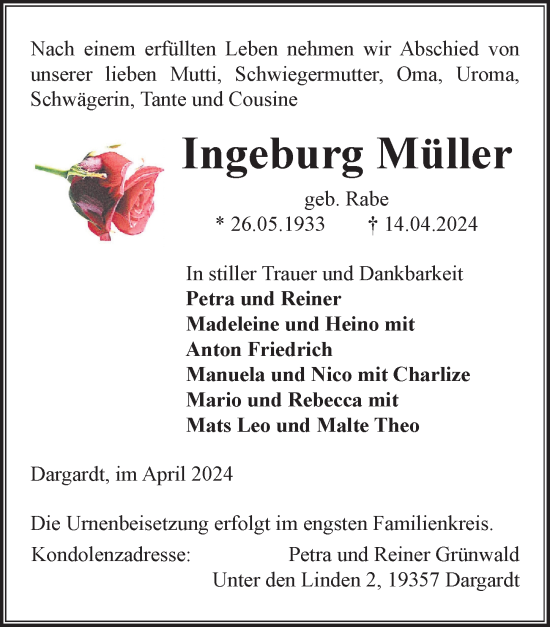 Traueranzeige von Ingeburg Müller von Wochenspiegel