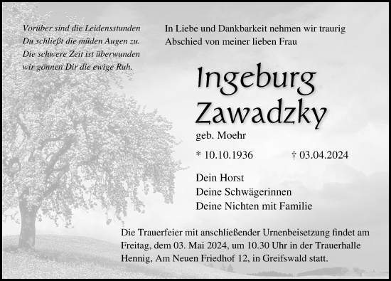Traueranzeige von Ingeburg Zawadzky von Ostsee-Zeitung GmbH