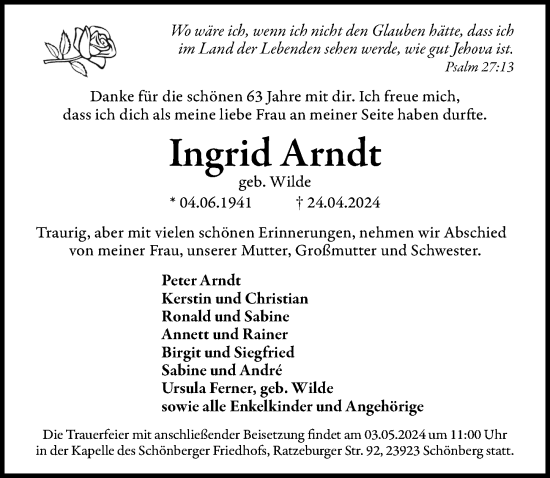 Traueranzeige von Ingrid Arndt von Ostsee-Zeitung GmbH